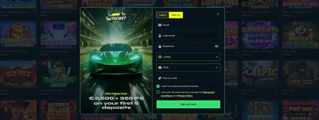 Sign-up form with Nitrobet branding showing fields for email, username, password, country, currency, and promo code next to a green sports car.