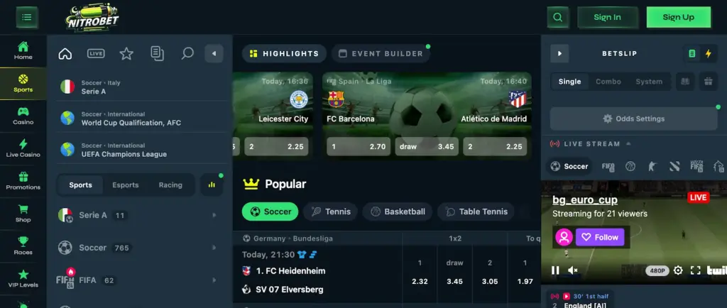 Sports betting dashboard showing popular events, match odds, and a live stream. Matches include Leicester City vs FC Barcelona and Atlético de Madrid.