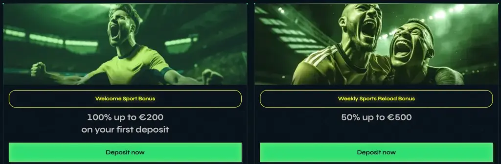 Two promo banners showing welcome sport bonus and weekly sports reload bonus.