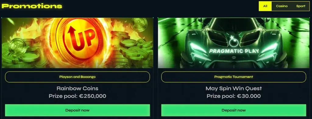 Promotions section showing two offers. Rainbow Coins by Playson and Booongo with a €250,000 prize pool. May Spin Win Quest by Pragmatic Play with a €30,000 prize pool.