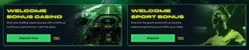 Two promo banners showing casino welcome bonus and sports welcome bonus.