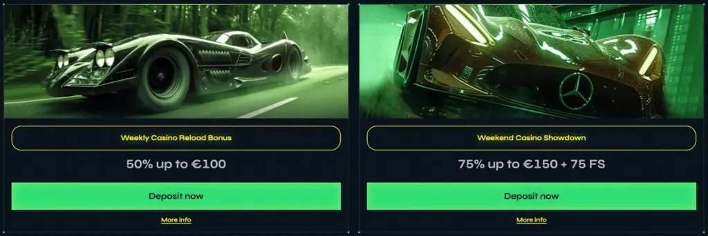 Two promo banners showing weekly casino reload bonus and weekend casino showdown.