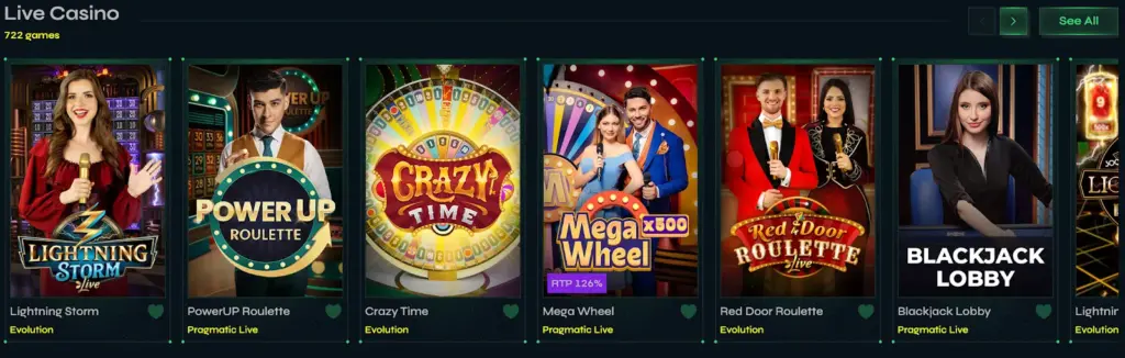 Live casino game thumbnails showing Lightning Storm, PowerUP Roulette, Crazy Time, Mega Wheel, Red Door Roulette, and Blackjack Lobby.