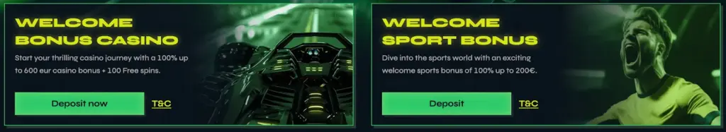 Welcome bonus offers shown. Casino bonus of up to €600 with 100 free spins. Sports bonus offering 100 percent up to €200.