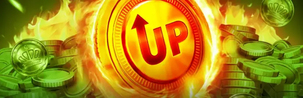 A fiery coin with the word UP in the center. Surrounded by green tokens and crown symbols to represent a bonus or upgrade promotion.