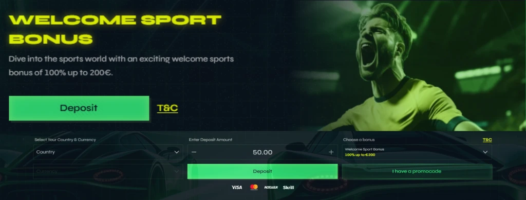 Image of the NitroBet Casino welcome sports bonus worth 100% up to €200 with a “Deposit Now” button.