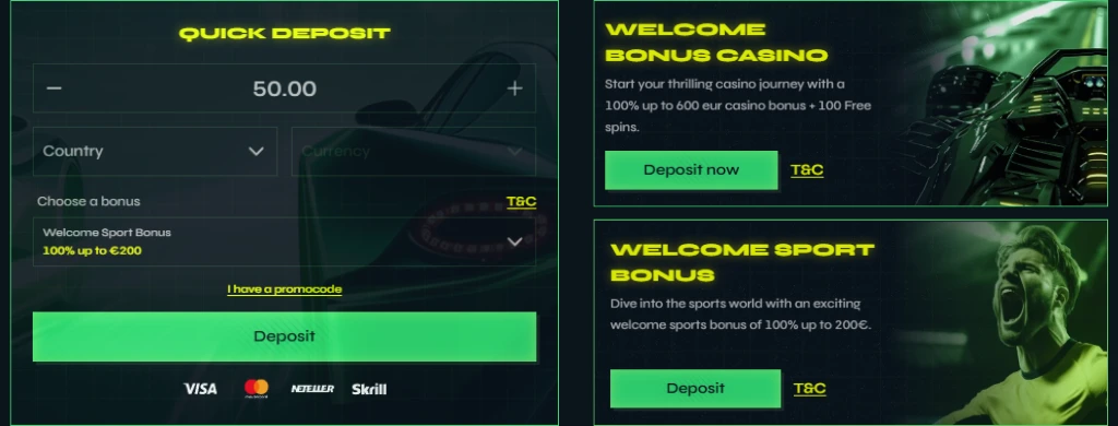The image shows a deposit interface with options. It includes banners for a Welcome Casino Bonus and a Welcome Sports Bonus.