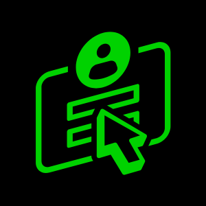 Green icon representing a user profile with a form and cursor pointing to it.