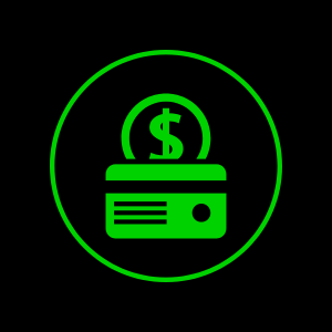 Green wallet icon with a dollar sign, indicating payment or deposits.