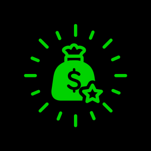 Green icon of a money bag with a star, symbolizing rewards or bonuses.