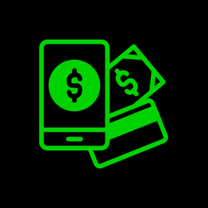 Mobile payment icon with a phone and dollar bills.
