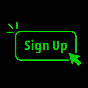 A glowing green 'Sign Up' button with an arrow pointer indicating where to click.