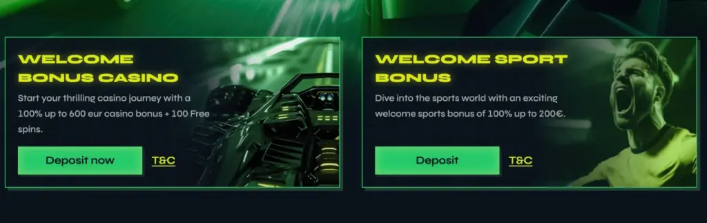 Nitrobet’s welcome bonus banner with a 100% bonus up to 600 EUR and 100 free spins.