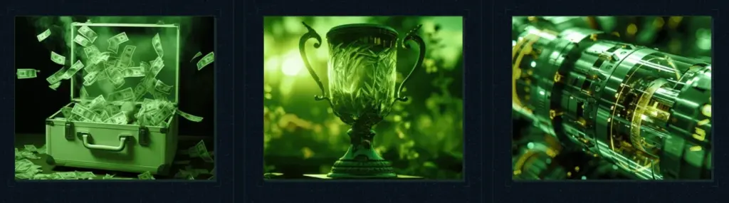 Money flying out of a suitcase, a glowing green trophy, and a futuristic mechanical device with green accents.
