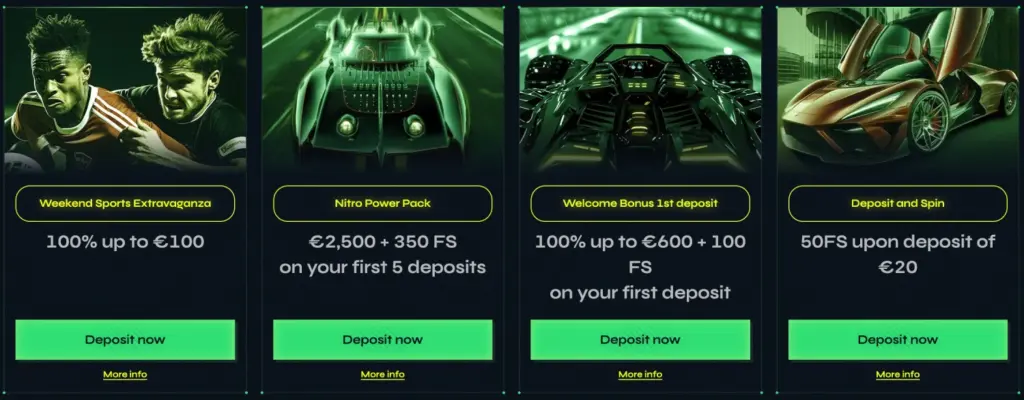 A screenshot from Nitrobet Casino’s promotion page, showing multiple bonuses available.